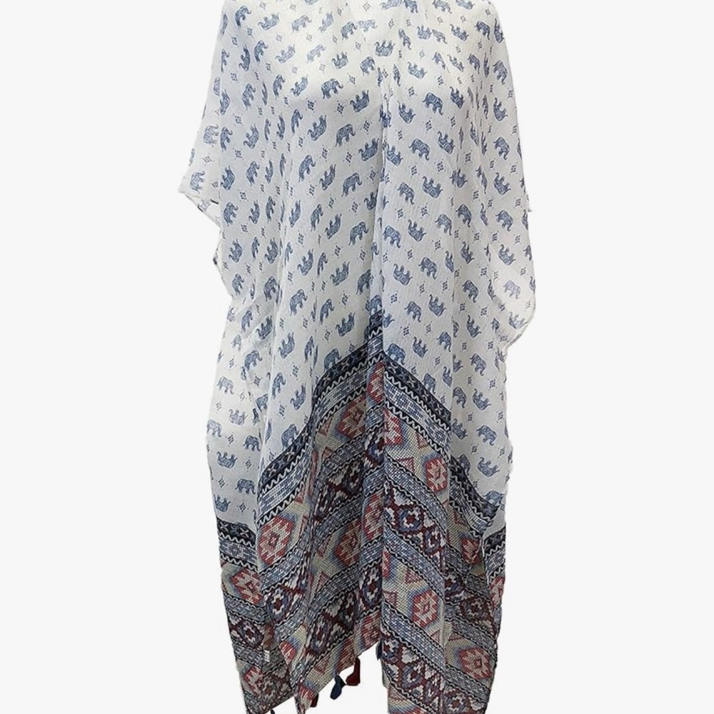 LVS Collections Elephant Print Kimono blue, white, pattern tassels